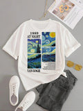 Women'WB shield Letter & Oil Painting Print Round Neck Graphic Tee, Casual Short Sleeve Crew Neck T-shirt for Summer,...