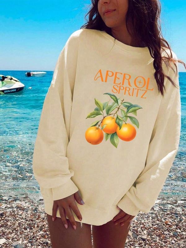 Women'WB shield Letter & Orange Print Drop Shoulder TNF Lined Sweatshirt, Casual Long Sleeve Round Neck Pullover for Fall...