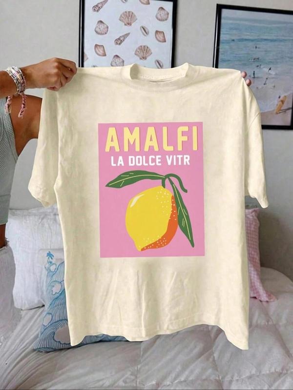 Women'WB shield Letter & Orange Print Round Neck Tee, Vintage Trendy Casual Short Sleeve T-shirt for Daily Wear, Ladies...