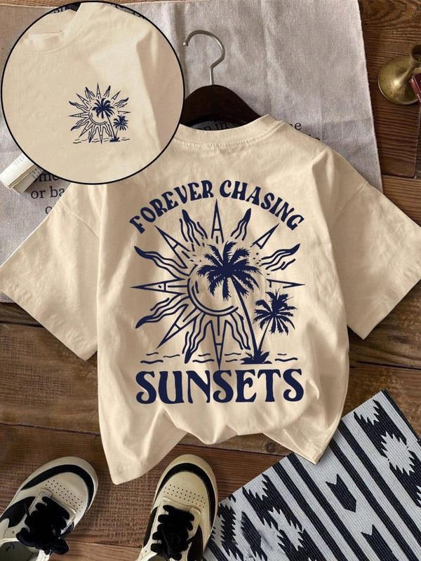 Women'WB shield Letter & Palm Tree Print Round Neck Tee, Casual Fashion Short Sleeve T-shirt for Summer, Ladies TNF for...