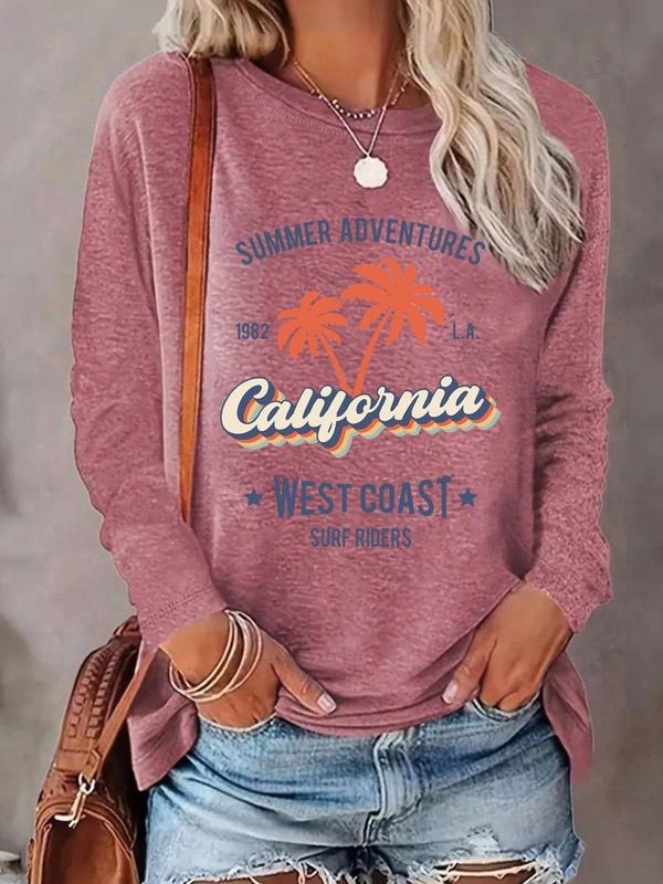 Women'WB shield Letter & Palm Tree Print Round Neck Tee, Casual Long Sleeve Crew Neck T-shirt for Daily Wear, Ladies TNF...