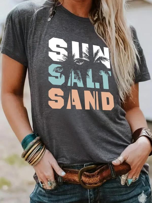Women'WB shield Letter & Palm Tree Print Round Neck Tee, Casual Short Sleeve Crew Neck T-shirt for Summer, Fashion...