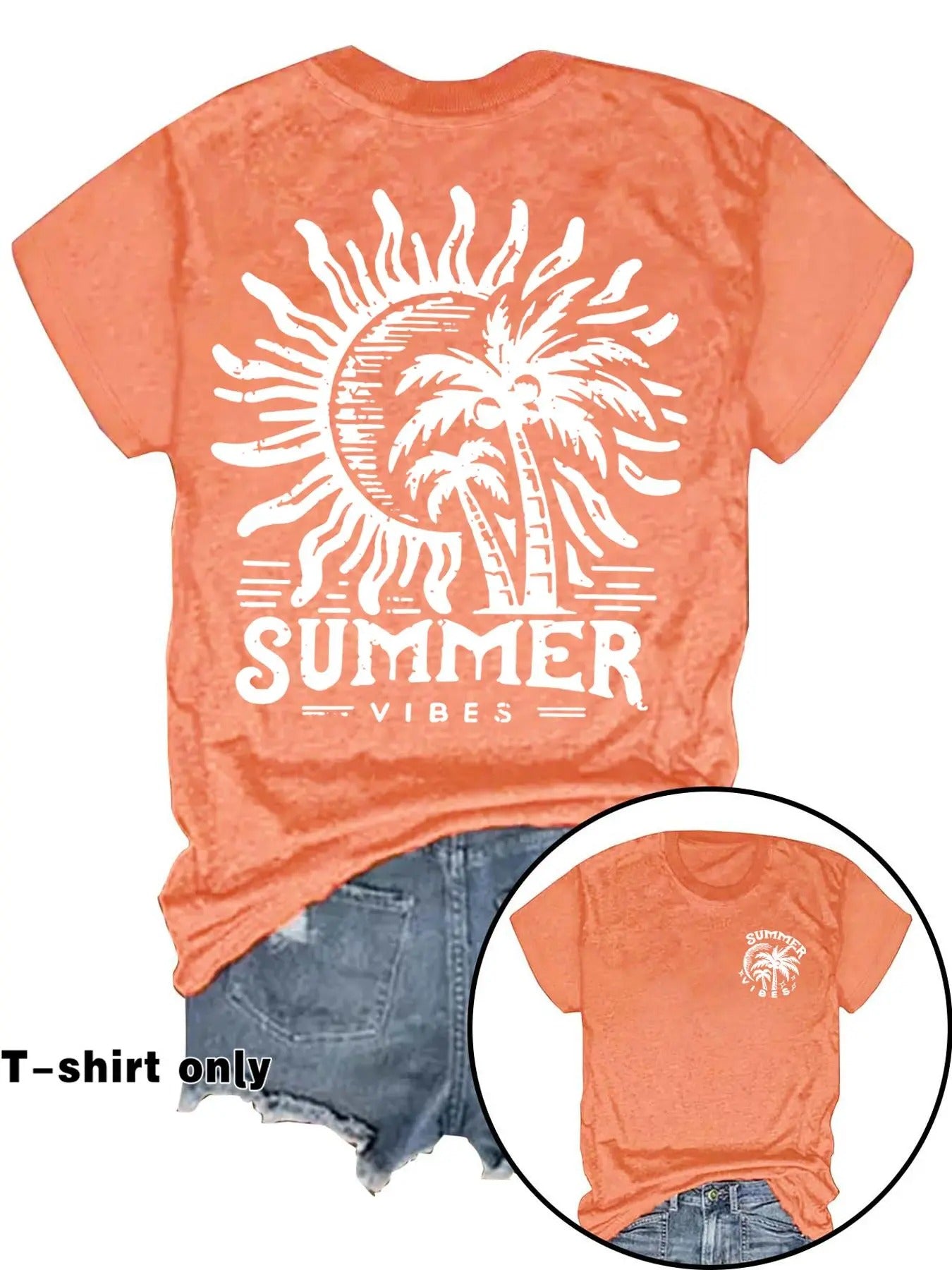 Women'WB shield Letter & Palm Tree Print Round Neck Tee, Casual Short Sleeve Crewneck T-shirt for Summer, Graphic Tees...