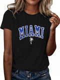 Women'WB shield Letter & Palm Tree Print Round Neck Tee, Casual Short Sleeve T-Shirt for Daily Wear, Ladies TNF for Spiky...