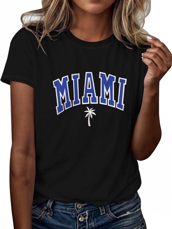 Women'WB shield Letter & Palm Tree Print Round Neck Tee, Casual Short Sleeve T-Shirt for Daily Wear, Ladies TNF for Spiky...