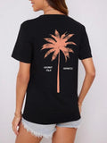 Women'WB shield Letter & Palm Tree Print Round Neck Tee, Casual Short Sleeve T-shirt for Daily Wear, Ladies Spiky hair...