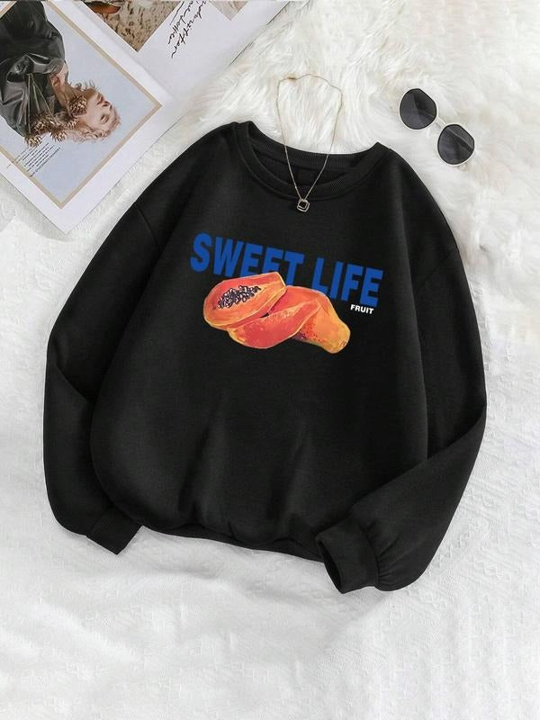 Women'WB shield Letter & Papaya Print Crew Neck Sweatshirt, Casual Long Sleeve Pullover, Women'WB shield Fall & Winter...