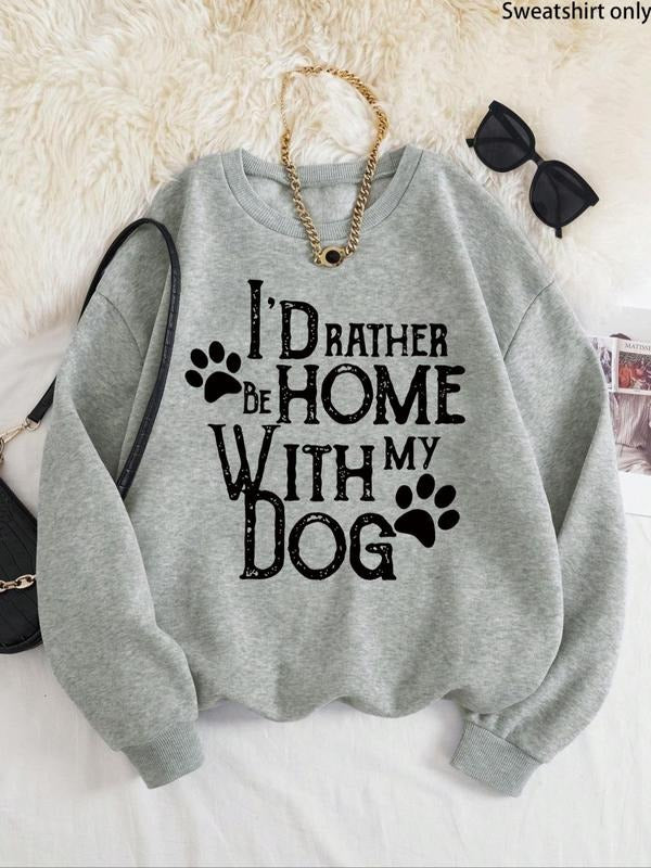 Women'WB shield Letter & Paw Print Drop Shoulder Sweatshirt, Casual Long Sleeve Round Neck Pullover for Fall & Winter,...