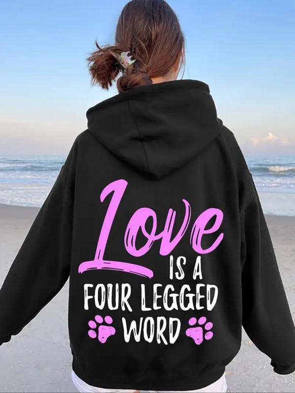 Women'WB shield Letter & Paw Print Hoodie, Swoosh Count Casual Geometric Print Drawstring Hooded Sweatshirt for Spring &...