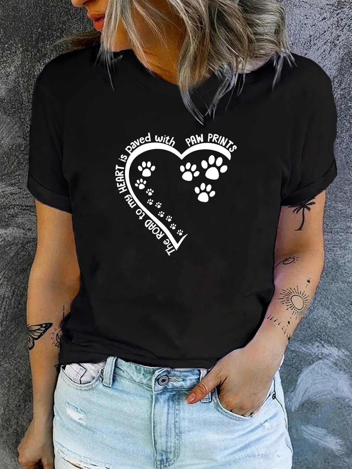 Women'WB shield Letter & Paw Print Round Neck Tee, Fashion Casual Crew Neck Short Sleeve T-Shirt for Daily Holiday...