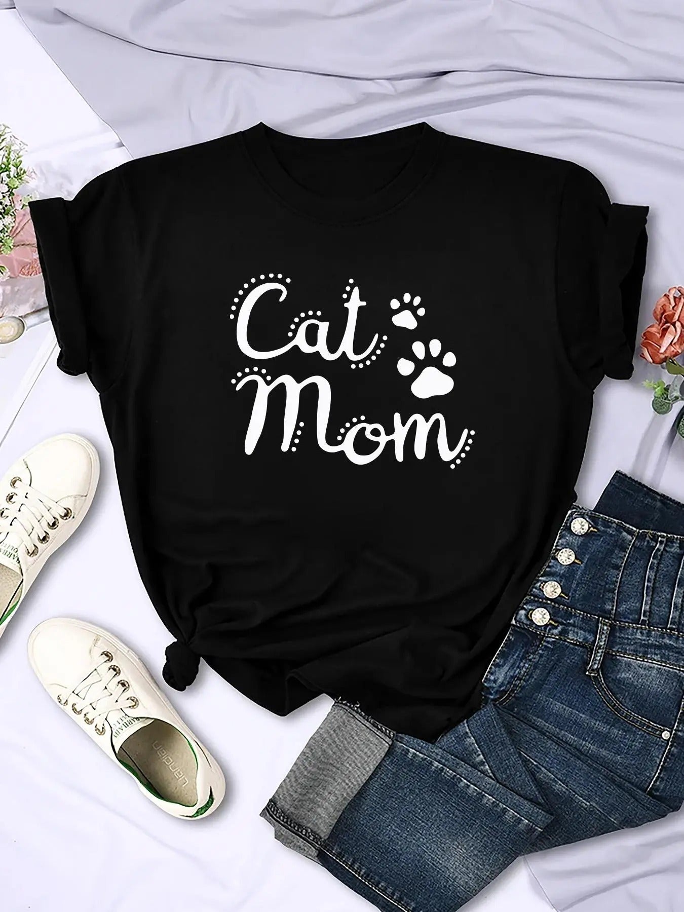 Women'WB shield Letter & Paw Print Round Neck Tee, Summer TNF Women, Casual Short Sleeve Crew Neck T-Shirt for Summer &...