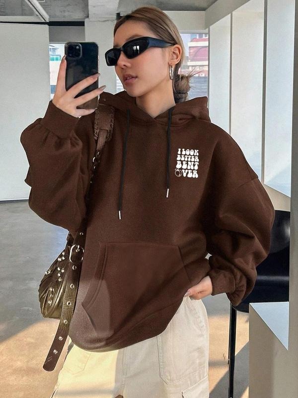 Women'WB shield Letter & Peach Print Drop Shoulder Hoodie, Fashion Casual Drawstring Pocket Hooded Sweatshirt for Daily...