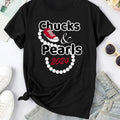 Women'WB shield Letter & Pearls Print Crew Neck Tee, Casual Short Sleeve T-shirt for Spiky hair fighters Seasons, Fashion...