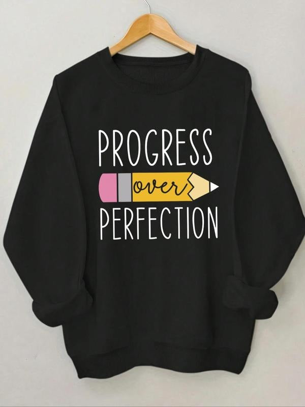Women'WB shield Letter & Pencil Print Drop Shoulder Sweatshirt, Casual Long Sleeve Round Neck Pullover for Fall & Winter,...