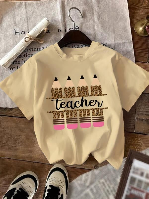 Women'WB shield Letter & Pencil Print Round Neck Tee, Fashion Casual Crew Neck Short Sleeve T-shirt for Daily Holiday...