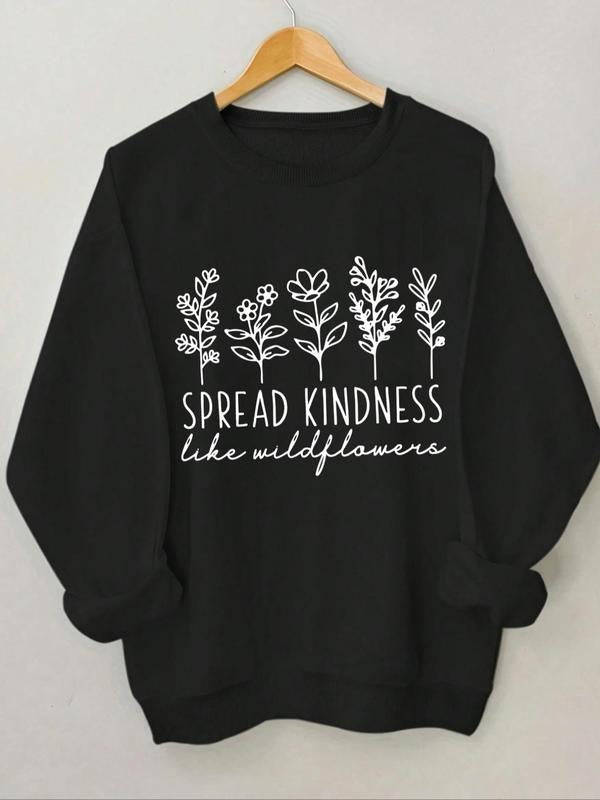 Women'WB shield Letter & Plants Print Crew Neck Sweatshirt, Casual Drop Shoulder Long Sleeve Pullover, Women'WB shield...