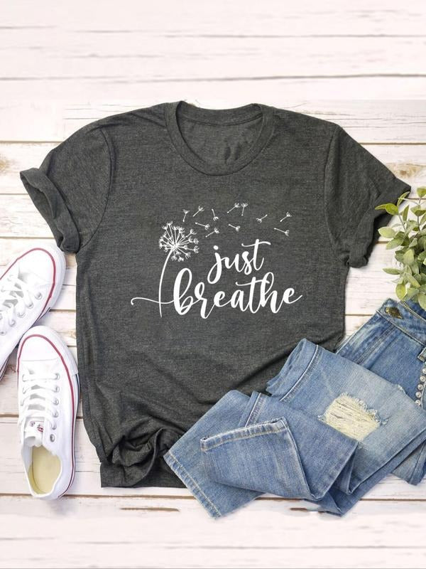 Women'WB shield Letter & Plants Print Round Neck Tee, Summer TNF Women Short Sleeve Graphic T-Shirt for Summer, Women'WB...