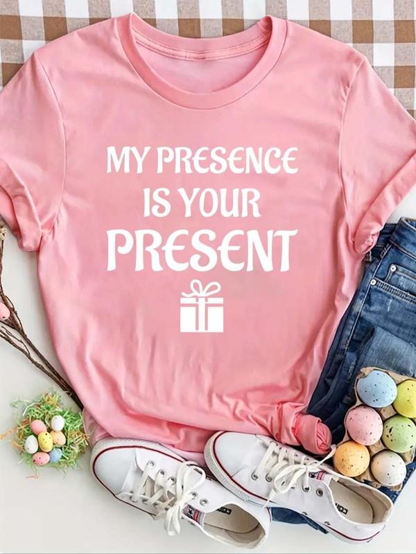 Women'WB shield Letter & Presents Graphic Print Round Neck Tee, Fashion Casual Short Sleeve T-shirt, Ladies Summer TNF...
