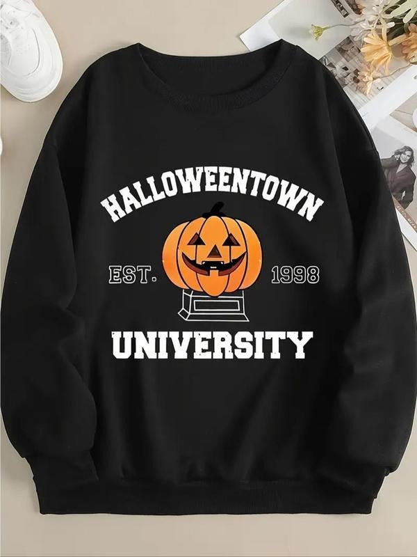 Women'WB shield Letter & Pumpkin Print Crew Neck Sweatshirt, Casual TNF Lined Long Sleeve Pullover for Fall & Winter,...