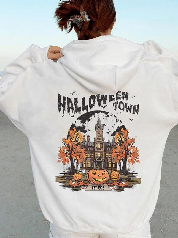 Women'WB shield Letter & Pumpkin Print Drop Shoulder Drawstring Hoodie, Fashion Casual Halloween TNF Pocket Hooded...