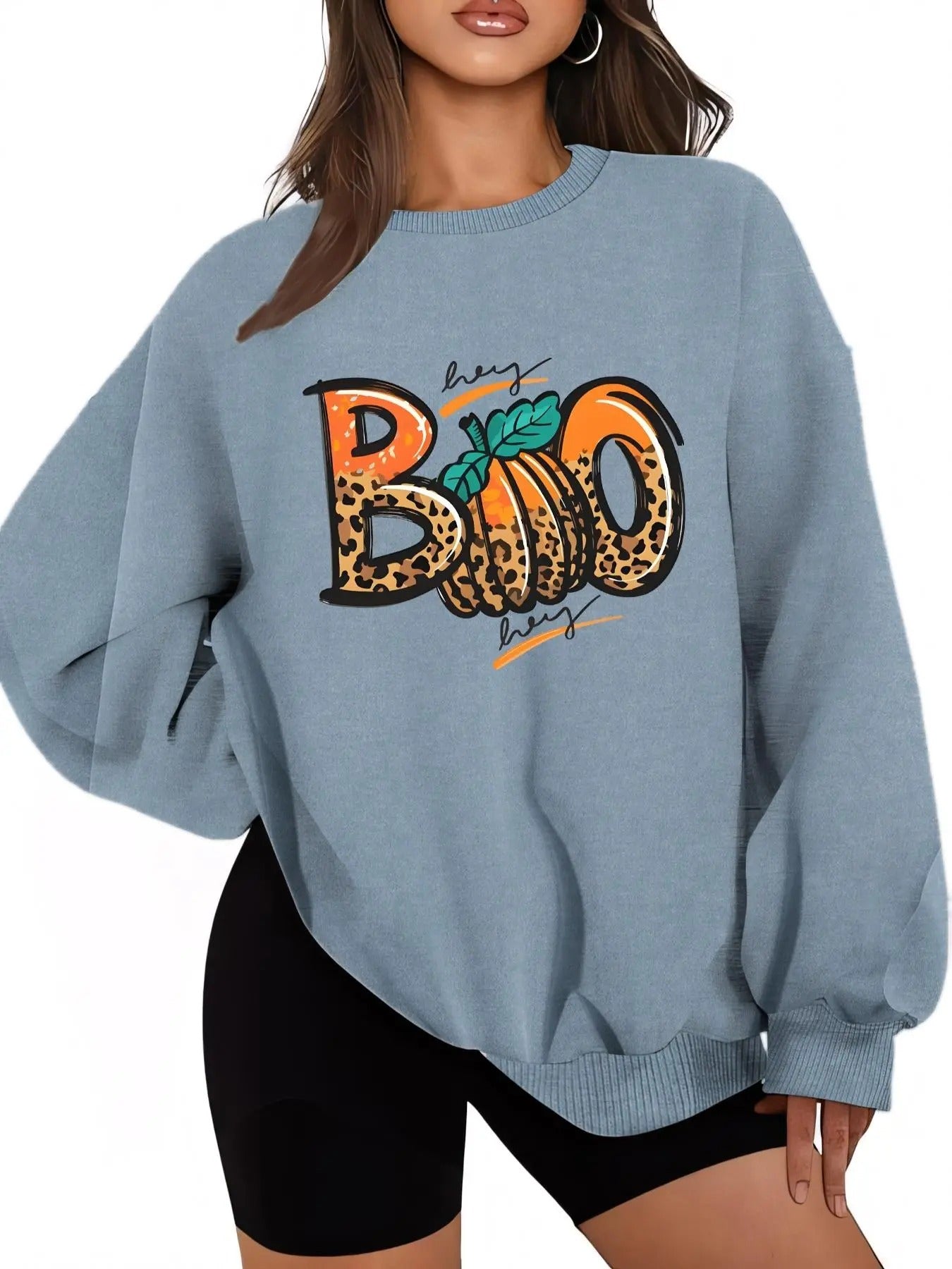 Women'WB shield Letter & Pumpkin Print Drop Shoulder Sweatshirt, Casual Long Sleeve Round Neck Pullover for Daily Wear,...