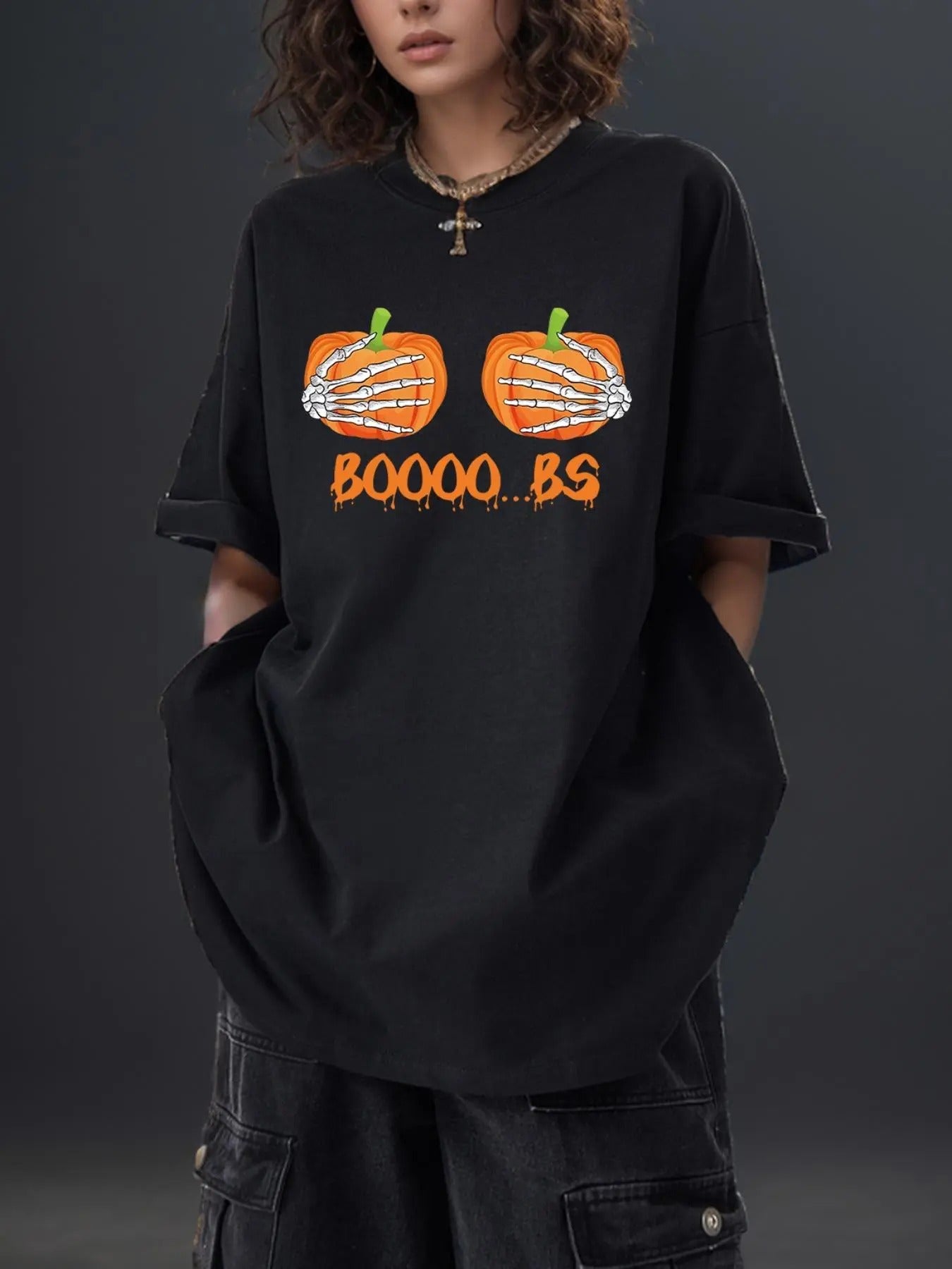 Women'WB shield Letter & Pumpkin Print Drop Shoulder Tee, Casual Crew Neck Half Sleeve T-shirt, Ladies TNF for Summer,...