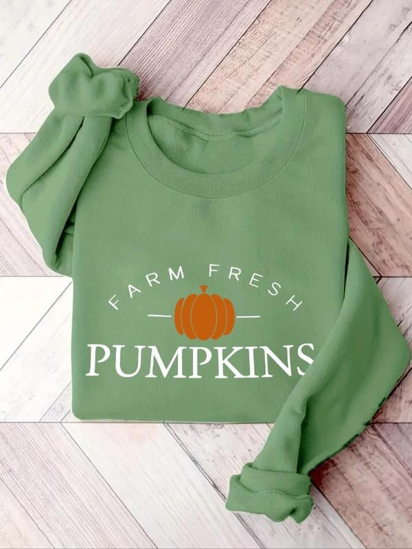Women'WB shield Letter & Pumpkin Print Round Neck Pullover, Casual Long Sleeve Crew Neck Sweatshirt for Fall & Winter,...