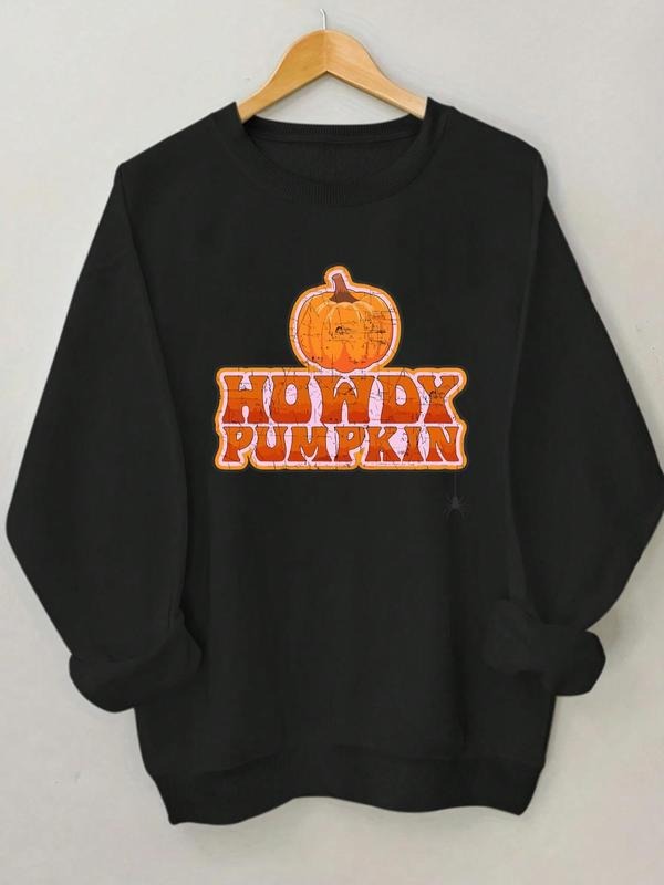 Women'WB shield Letter & Pumpkin Print Round Neck Sweatshirt, Casual Long Sleeve Crew Neck Pullover for Fall & Winter,...