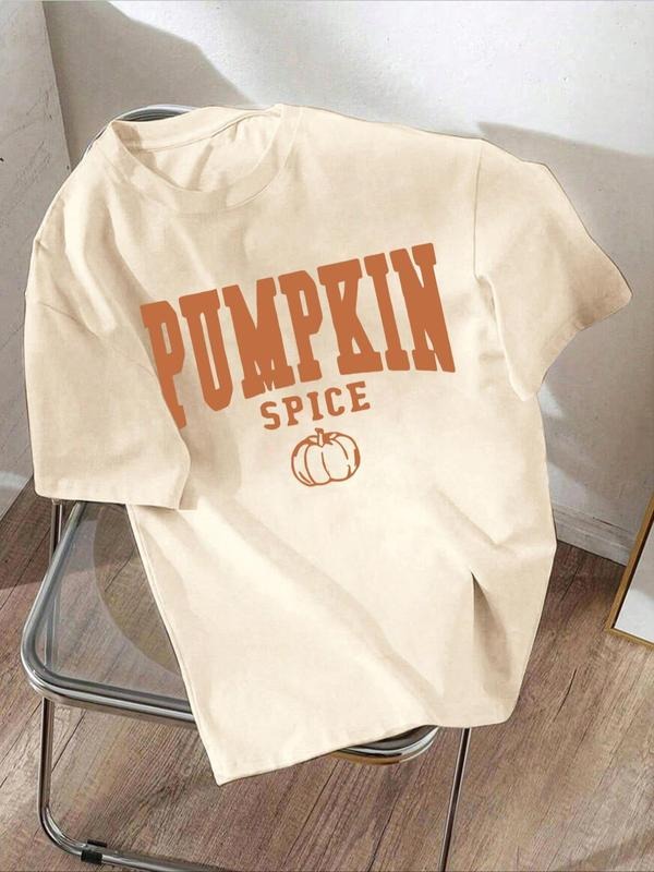 Women'WB shield Letter & Pumpkin Print Round Neck Tee, Casual Short Sleeve Crew Neck T-Shirt for Spiky hair fighters...