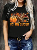 Women'WB shield Letter & Pumpkin Print Round Neck Tee, Fashion Casual Crew Neck T-shirt for Daily Holiday Vacation...