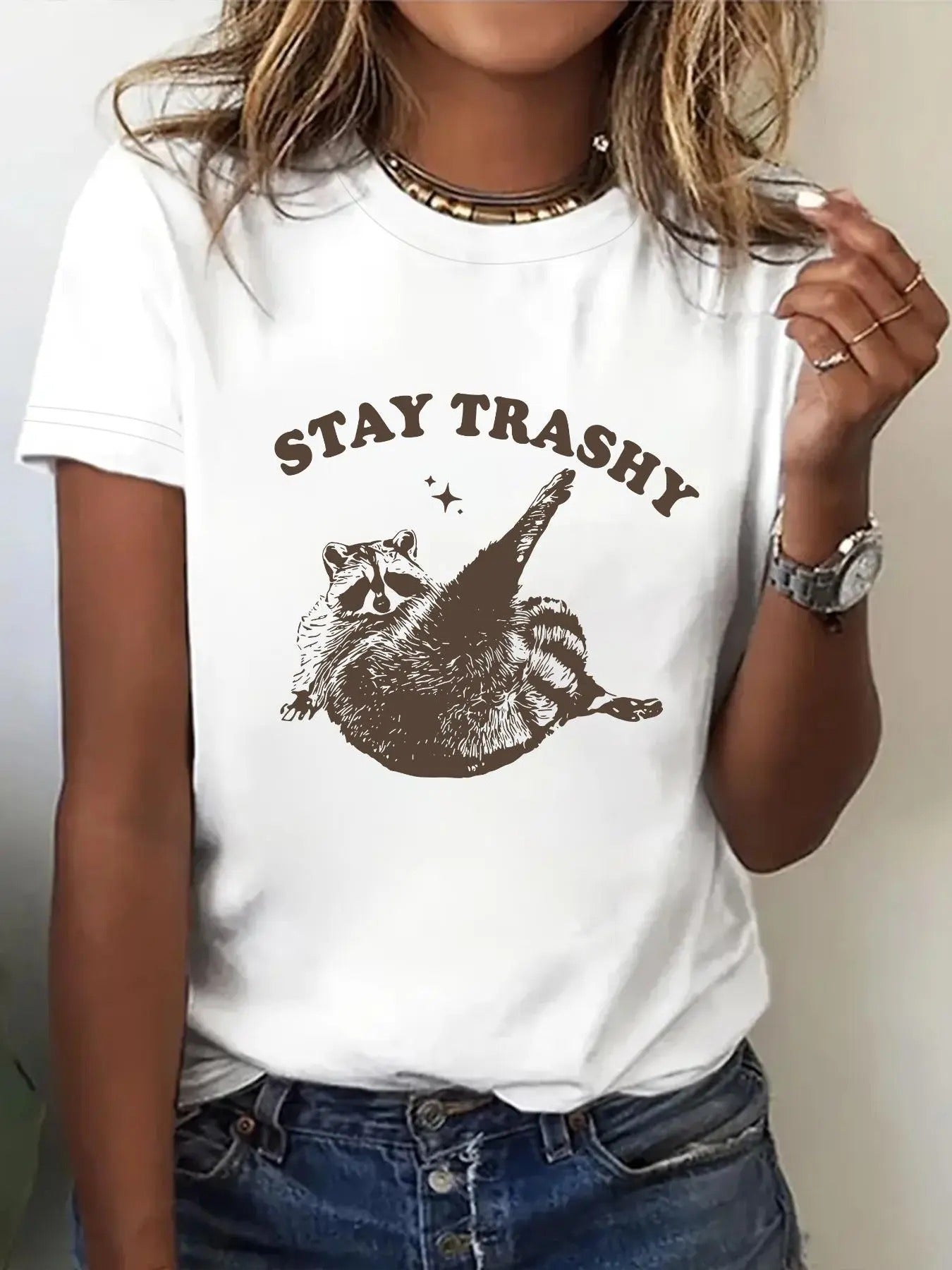 Women'WB shield Letter & Raccoon Print Round Neck Tee, Fashion Casual Crew Neck Short Sleeve T-shirt for Daily Holiday...