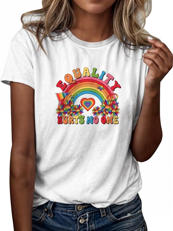 Women'WB shield Letter & Rainbow Print Round Neck Tee, Casual Cartoon Graphic Short Sleeve T-shirt, Ladies TNF for Spiky...