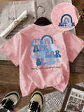Women'WB shield Letter & Rainbow Print Round Neck Tee, Fashion Casual Crew Neck T-Shirt for Daily Holiday Vacation...