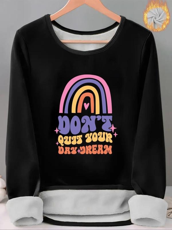 Women'WB shield Letter & Rainbow Print TNF Lined Tee, Casual Long Sleeve Round Neck T-shirt for Fall & Winter, Ladies TNF...