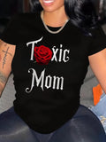 Women'WB shield Letter & Rose Print Round Neck Tee, Fashion Casual Crew Neck Short Sleeve T-shirt for Daily Holiday...