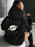 Women'WB shield Letter & Rugby Print Drop Shoulder Hoodie, Fashion Casual Drawstring Pocket Hooded Sweatshirt for Daily...