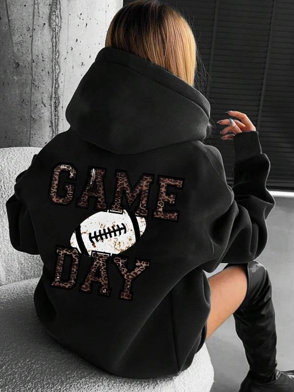 Women'WB shield Letter & Rugby Print Drop Shoulder Hoodie, Fashion Casual Drawstring Pocket Hooded Sweatshirt for Daily...