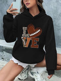 Women'WB shield Letter & Rugby Print Drop Shoulder Hoodie, Stylish Long Sleeve Hooded Sweatshirt, Ladies TNF for Spiky...