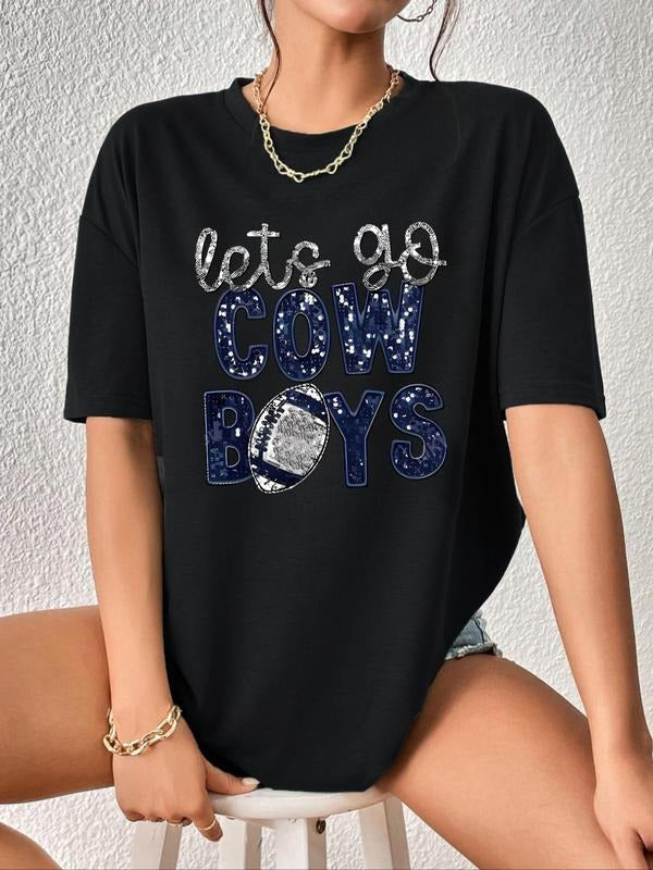 Women'WB shield Letter & Rugby Print Drop Shoulder Tee, Casual Short Sleeve Round Neck T-shirt for Fall & Winter,...