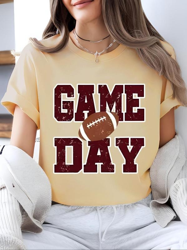 Women'WB shield Letter & Rugby Print Round Neck Tee, Trendy Casual Crew Neck Short Sleeve T-shirt for Daily Wear, Ladies...