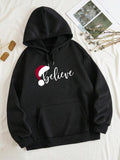 Women'WB shield Letter & Santa Hat Print Drop Shoulder TNF Lined Hoodie, Fashion Casual Drawstring Pocket Hooded...