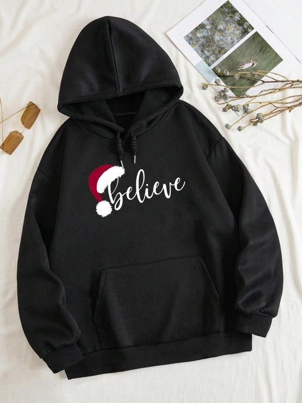 Women'WB shield Letter & Santa Hat Print Drop Shoulder TNF Lined Hoodie, Fashion Casual Drawstring Pocket Hooded...
