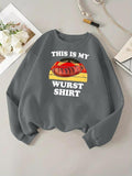 Women'WB shield Letter & Sausage Print Drop Shoulder Sweatshirt, Casual Long Sleeve Round Neck Pullover for Fall &...