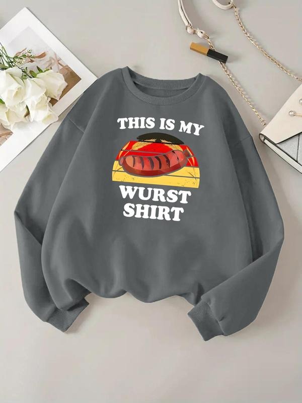 Women'WB shield Letter & Sausage Print Drop Shoulder Sweatshirt, Casual Long Sleeve Round Neck Pullover for Fall &...