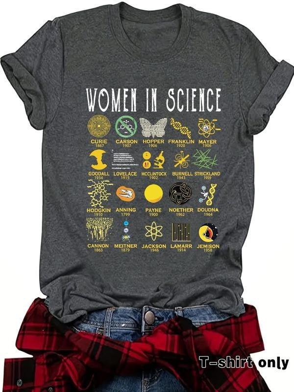 Women'WB shield Letter & Science Print Round Neck Tee, Casual Short Sleeve Crew Neck T-shirt for Summer, Fashion Women'WB...