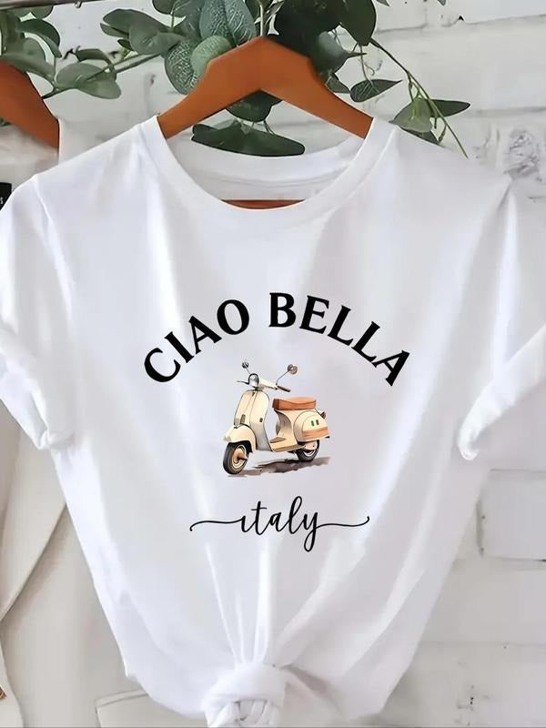 Women'WB shield Letter & Scooter Print Round Neck Tee, Casual Short Sleeve T-Shirt for Summer, Ladies TNF for Daily Wear...