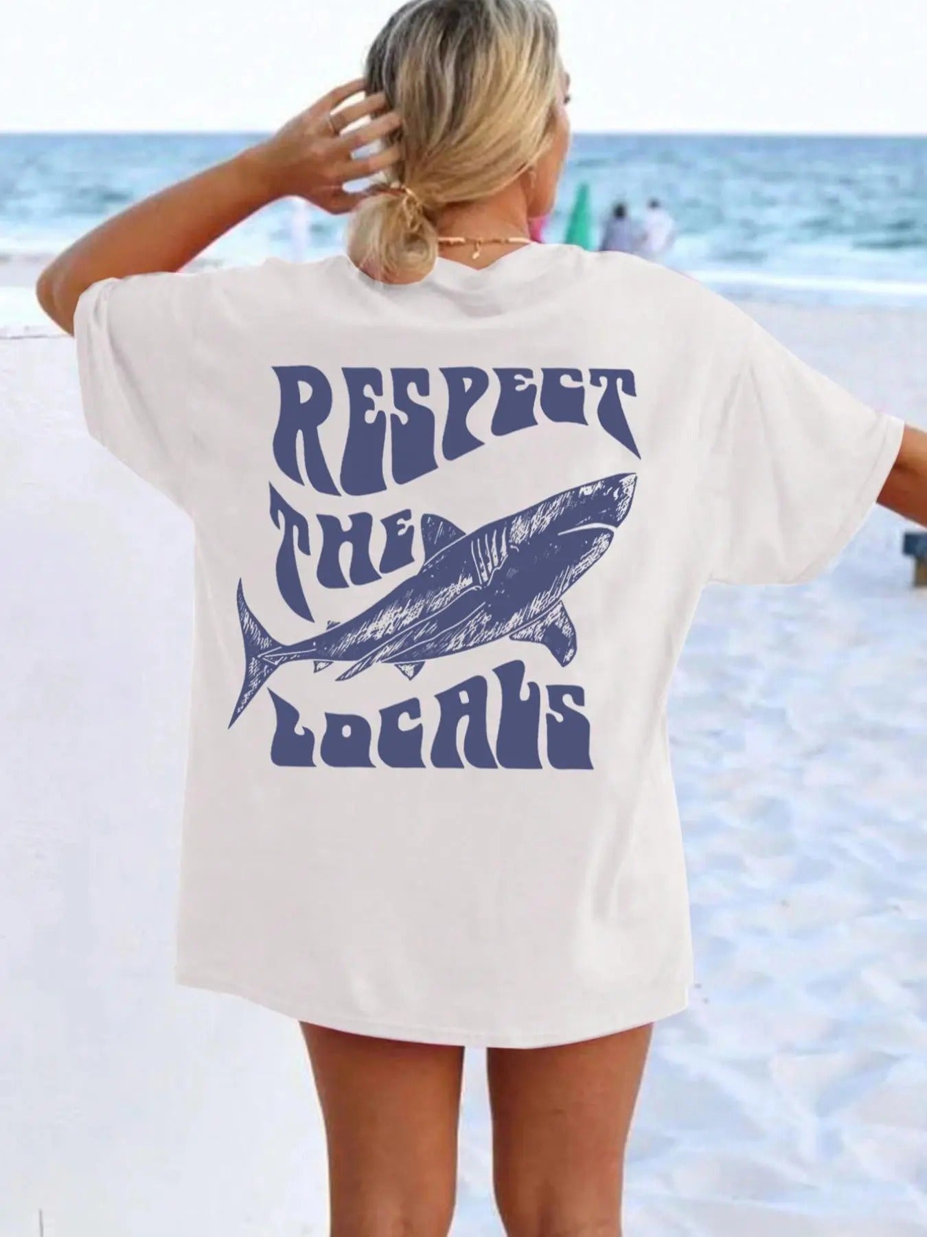 Women'WB shield Letter & Shark Print Drop Shoulder Tee, Casual Comfy Half Sleeve Round Neck T-shirt for Beach Vacation...
