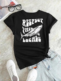 Women'WB shield Letter & Shark Print Round Neck Tee, Fashion Casual Crew Neck Short Sleeve T-shirt for Daily Holiday...