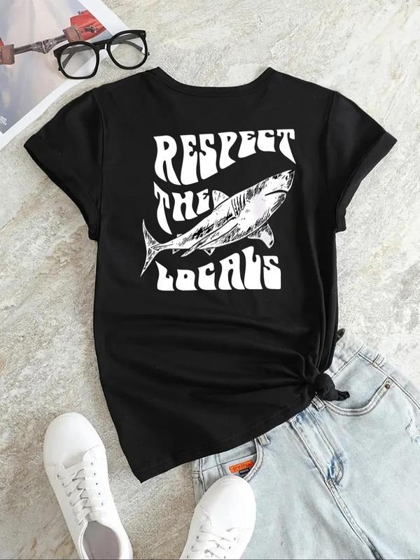 Women'WB shield Letter & Shark Print Round Neck Tee, Fashion Casual Crew Neck Short Sleeve T-shirt for Daily Holiday...