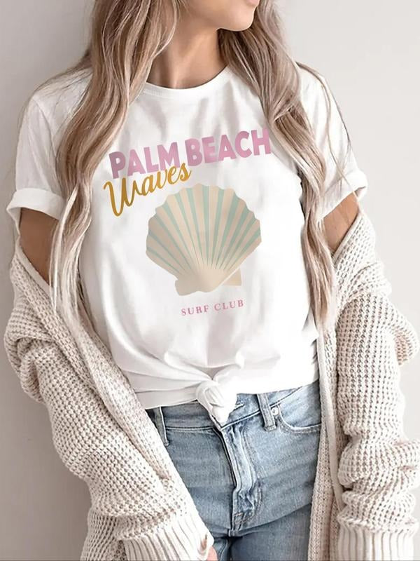 Women'WB shield Letter & Shell Print Round Neck Tee, Trendy Casual Crew Neck T-shirt for Daily Wear, Ladies Summer...